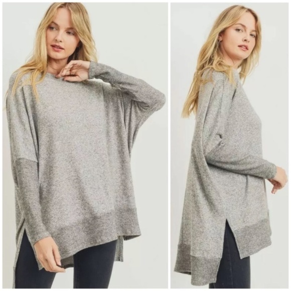 Tops - Gray Soft Brushed Knit Hi Lo Tunic Sweater Top